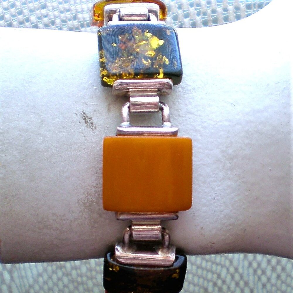 Sterling Silver Russian Baltic Butterscotch Honey Green Amber Bracelet 52.4 g.